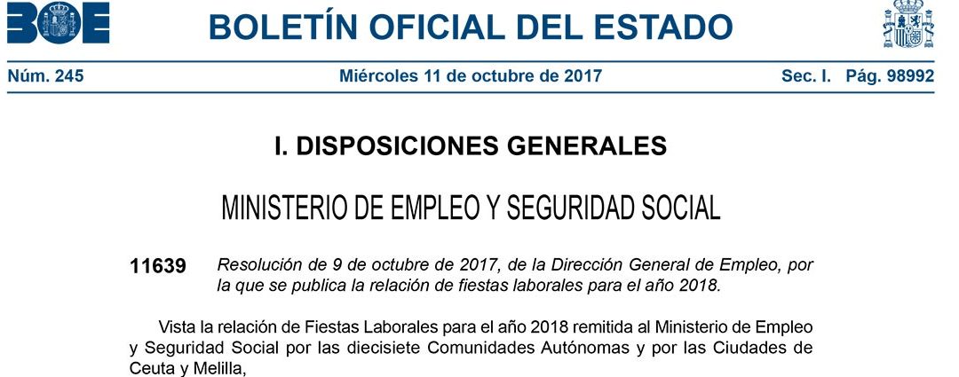 Publicadas las fiestas laborales autonómicas para 2018